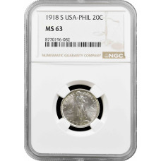 Philippines 20 centavos 1918 S, NGC MS63, "U.S. Administration (1903 - 1945)"