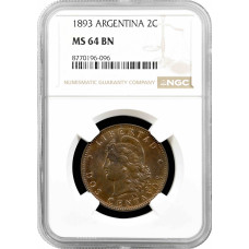 Argentinien 2 Centavos 1893, NGC MS64 BN, "Argentinischer Peso (1881 - 1969)"Top