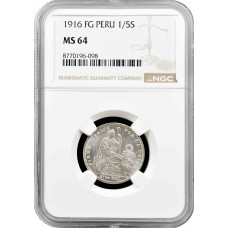 Peru 1/5 Soles 1916 FG, NGC MS64, "Republik Peru (1863 - 1917)" Silbermünze