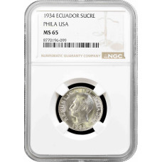 Ecuador 1 Sucre 1934, NGC MS65, "Republik Ecuador (1919 - 1987)" Silbermünze