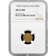 Iceland 1 eyrir 1938 N GJ, NGC MS63 BN, "King Christian X (1922 - 1943)"