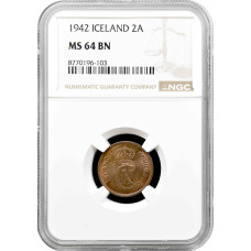 Iceland 2 aurar 1942, NGS MS64 BN, "King Christian X (1922 - 1943)"
