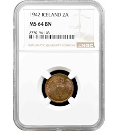 Iceland 2 aurar 1942, NGS MS64 BN, "King Christian X (1922 - 1943)"