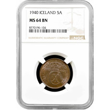 Iceland 5 aurar 1940, NGC MS65 BN, "King Christian X (1922 - 1943)"