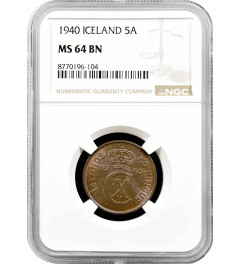 Iceland 5 aurar 1940, NGC MS65 BN, "King Christian X (1922 - 1943)"