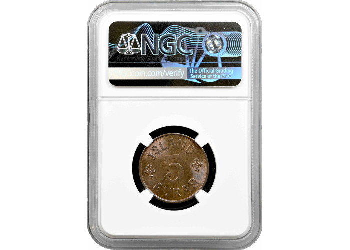 Iceland 5 aurar 1940, NGC MS65 BN, "King Christian X (1922 - 1943)"