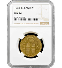 Iceland 2 kronur 1940, NGC MS62, "King Christian X (1922 - 1943)"