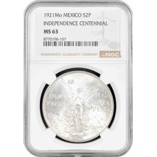 Mexico 2 pesos 1921 Mo, NGC MS63, "100th Anniversary of Independence"