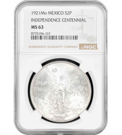 Mexico 2 pesos 1921 Mo, NGC MS63, "100th Anniversary of Independence"