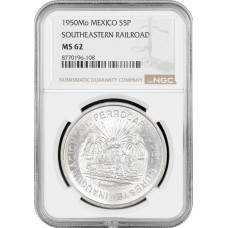 Mexico 5 pesos 1950 Mo, NGC MS62, "Opening of the Southern Railway" silver coin