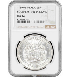 Mexico 5 pesos 1950 Mo, NGC MS62, "Opening of the Southern Railway" silver coin