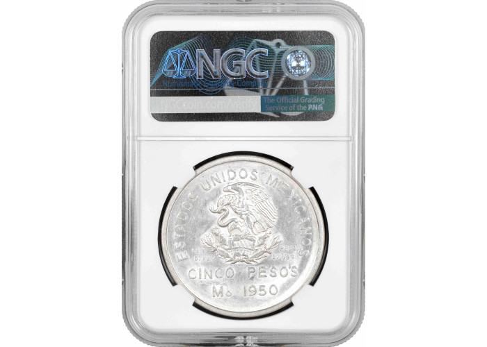 Mexico 5 pesos 1950 Mo, NGC MS62, "Opening of the Southern Railway" silver coin