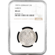 Lubeck 2 mark 1907 A, NGC MS63, "German Empire (1871 - 1918)" silver coin