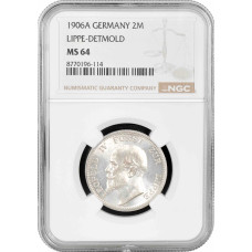 Lippe-Detmold 2 mark 1906 A, NGC MS64, "Prince Leopold IV (1905 - 1918)"