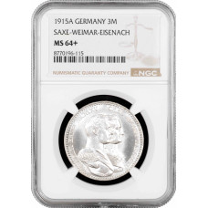 Saxe-Weimar-Eisenach 3 mark 1915 A, NGC MS64+, "100th Anniver. - Grand Duke's"
