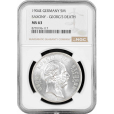 Saxony 5 mark 1904 E, NGC MS63, "Death of George of Saxony" silver coin