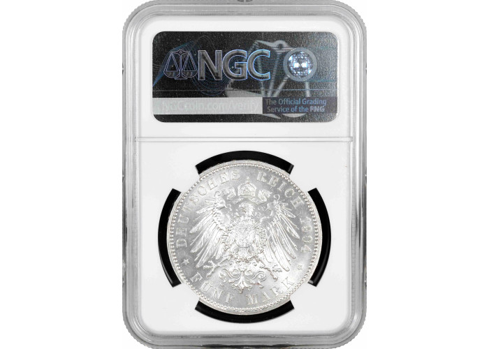 Saxony 5 mark 1904 E, NGC MS63, "Death of George of Saxony" silver coin