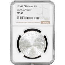 Weimar Republic 5 reichsmark 1930 A, NGC MS63, "Flight of the Graf Zeppelin"