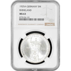 Weimar Republic 5 reichsmark 1925 A, NGC MS63, "1000th Year of the Rhineland"