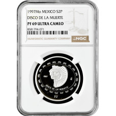 Mexico 2 pesos 1997 Mo, NGC PF69 UC, "Teotihuacan - Disco de la Muerte" silver