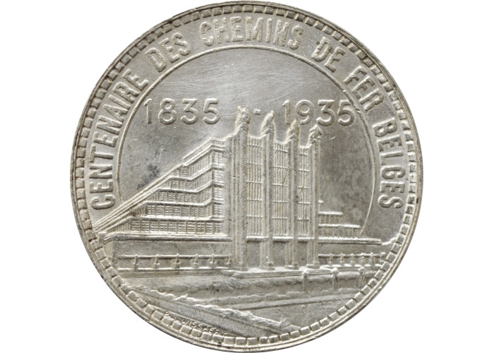 Belgium 50 francs 1935 French - Pos. A, UNC, "Railway Centennial" Coin Alignment