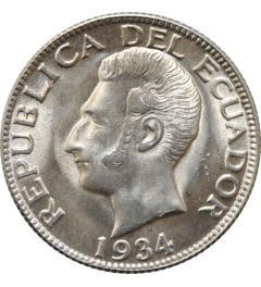 Ecuador 1 sucre 1934, BU, "República del Ecuador (1919 - 1987)" silver coin