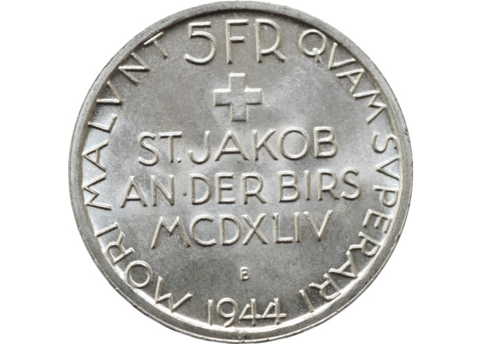 Switzerland 5 francs 1944 B, BU, "500th Anniversary - Battle of St. Jakob"