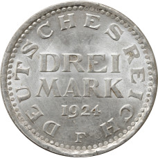 Germany 3 mark 1924 F, UNC, "Weimar Republic (Mark) (1919 - 1925)" silver coin