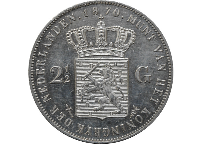 Netherlands 2 1/2 gulden 1870, UNC, "King William III (1849 - 1890)" silver coin