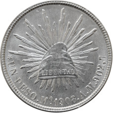 Mexico 1 peso 1908 Mo AM, UNC, "United Mexican States (1905 - 1969)" silver coin