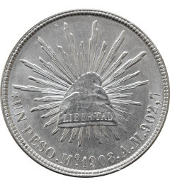 Mexico 1 peso 1908 Mo AM, UNC, "United Mexican States (1905 - 1969)" silver coin
