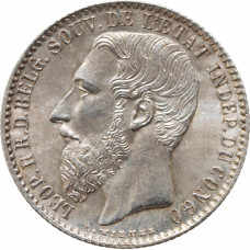 Congo Free State 1 franc 1887, UNC, "King Leopold II (1865 - 1908)" silver coin