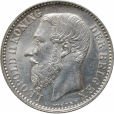 Belgium 1 franc 1887 Flemish, UNC, "King Leopold II (1865 - 1909)" silver coin