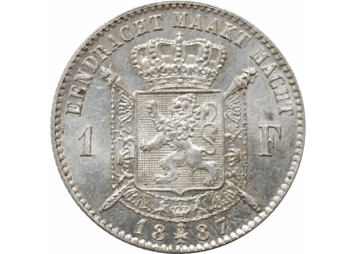 Belgium 1 franc 1887 Flemish, UNC, "King Leopold II (1865 - 1909)" silver coin