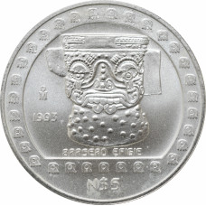 Mexico 5 pesos 1993 Mo, UNC, "Pre-Columbian Aztec - Brasero Efigie" silver coin