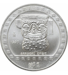 Mexico 5 pesos 1993 Mo, UNC, "Pre-Columbian Aztec - Brasero Efigie" silver coin