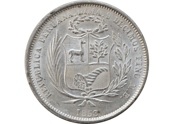 Peru 50 centimos 1858, UNC, "República del Perú (1825 - 1862)" silver coin