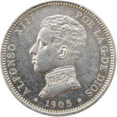 Spain 2 pesetas 1905, UNC, "King Alfonso XIII (1886 - 1931)" silver coin