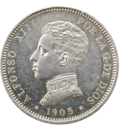 Spain 2 pesetas 1905, UNC, "King Alfonso XIII (1886 - 1931)" silver coin