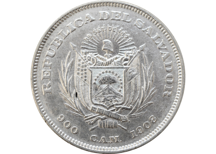 El Salvador 1 peso 1908 CAM, UNC, "Republic of El Salvador (1889 - 1918)"