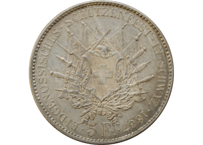 Switzerland 5 francs 1867, UNC Det., "Schwyz Shooting Festival"