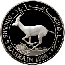 Bahrain 5 dinars 1986, PROOF, "World Wildlife Fund - Gazelle" silver coin