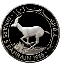 Bahrain 5 dinars 1986, PROOF, "World Wildlife Fund - Gazelle" silver coin