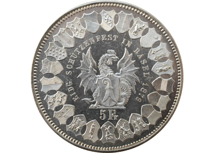 Schweiz 5 Franken 1879, UNC, "Eidgenössisches Schützenfest 1879 in Basel"