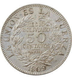 Bolivia 50 centavos 1909, UNC, "Republic of Bolivia (1870 - 1963)"