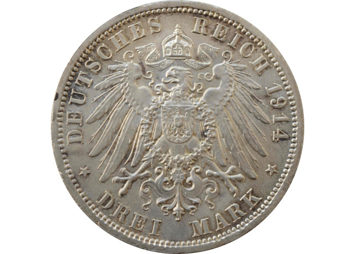 Пруссия 3 марки 1914 г. A, UNC, "Император Вильгельм II (1888 - 1918)"