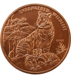 Laos 10 kip 1991, UNC, "Endangered Wildlife - Tiger" Copper