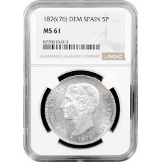 Spanien 5 Peseten 1876 DE-M, NGC MS61, „König Alfons XII. (1874 – 1885)“