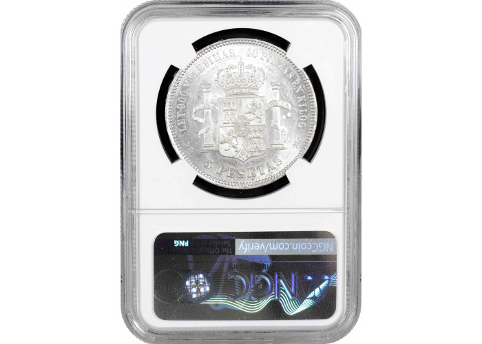 Spanien 5 Peseten 1876 DE-M, NGC MS61, „König Alfons XII. (1874 – 1885)“