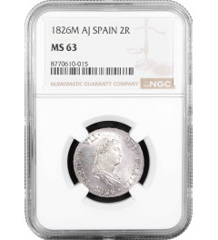 Spain 2 reales 1826 M AJ, NGC MS63, "King Ferdinand VII (1813 - 1833)"